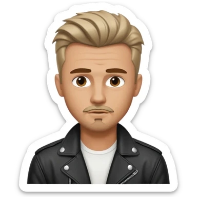 guy with slick James dean hair with front tendrils, mustache and goatee facial hair, wearing a white shirt and a black leather jacket , several silver piercings in ear sticker