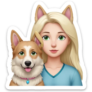 White European young woman with blue-green eyes and long blond hair with her white German Shepherd dog,the Dog hast a pink nose and short fur  and Brown eyes sticker