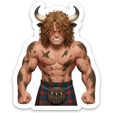 big buff curly hairy man covered in dirt with freckles with messy light brown bangs that covers his face completely with bull horns and bull ears and bull tail dressed in kilt leftover hook front view furious expression sticker
