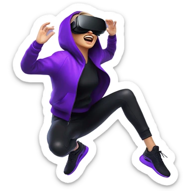 Russian girl wearing black hoody with violet letters "OMG", in vr headset oculus quest2. jumping. Cyberpunk style. Violet neon. sticker