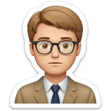 white male reporter with light brown hair, wearing glasses, looking at photographs, thoughtful expression sticker