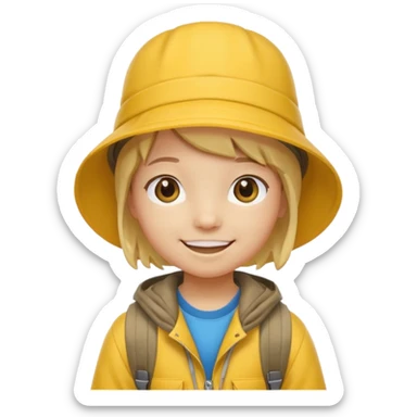 Little student wears yellow bucket hat and jacket, backpack, happ sticker