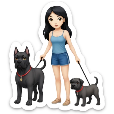 Woman with long black hair wearing spaghetti strap top holding a black Cane Corso dog with cropped ears and short tail sticker