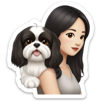long black hair korean girl with white and brown shih tzu sticker