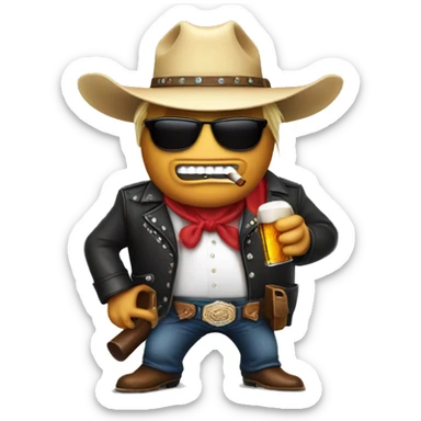 Donald trump in a cowboy hat smoking a cigar with a gun on his back and sunglasses on with a bottle of beer in his hand  sticker
