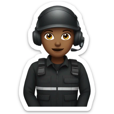 operator dressed in black with a milatary helmet, without glasses, wearing a headset, ready to respond to alerts, preferably curly redhead female sticker