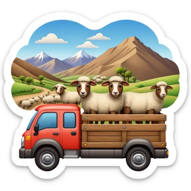 Cartoon 3D emoji of a Peruvian rural truck transporting sheep in the back, wooden cargo bed, Andes mountain landscape, dusty countryside road, glossy finish, bold outlines, vibrant natural colors, sticker design, transparent background sticker