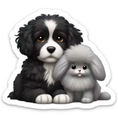 Black small fluffy dog laying with gray small fluffy bunny sticker