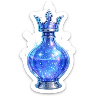 small crown-shaped luxurious elixir bottle, color #7986cb, iridescent and silver details, ultra intense magical glowing and sparkling effects, very small neck, seamless bottom, transparent background, floating, no base or shadow, modern, matching a collection sticker