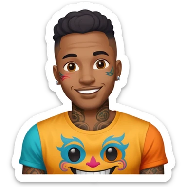 black man with bold face tattoos, happy face, wearing a colorful t-shirt sticker