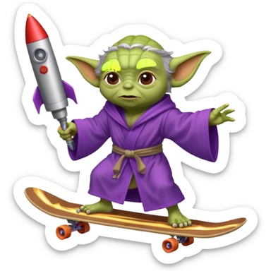 yoda in a purple robe using a rocket as a skate sticker