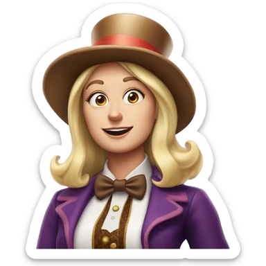 mujer rubia disfraz de Willy Wonka con sombrero estilo disney sticker