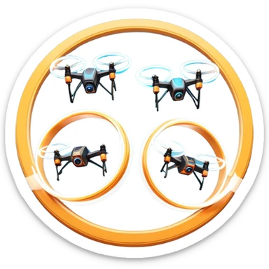 An icon featuring two racing drones flying at high speed through glowing rings on an obstacle course. Motion blur and a dynamic aerial path show intense competition. A controller appears in the corner. Transparent background highlights the thrill and precision of drone racing. sticker