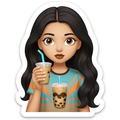a pretty FAIR indian bratz girl with wavy long black hair, wearing an oversized brown tshirt, drinking boba, eyeliner on sticker
