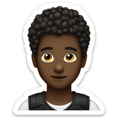 Boy with hair shaved on the sides and long curly hair on top, dark brown eyes, wearing black tank top sticker