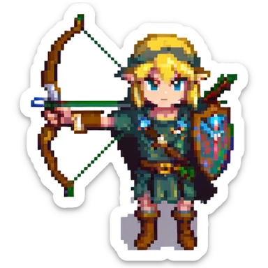 Link from The Legend of Zelda, pixel art style, with a bow and arrow sticker
