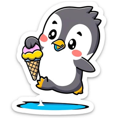 Clumsy penguin slipping on ice with ice cream cone sticker