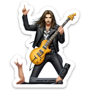 Icon for Heavy Metal: a metal band on stage, with electric guitars, drums, and a powerful vocalist. The atmosphere is intense with flashing lights, music notes, and a crowd of fans. The design should capture the energy and power of a live heavy metal performance. Transparent background. sticker