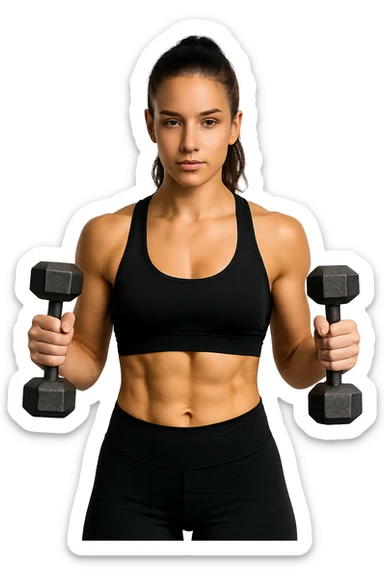 donna fitness in forma con manubri da palestra in mano, isolata su sfondo bianco sticker