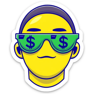 yellow face with green money signs for eyes, wearing slightly transparent black sunglasses, money symbols on face sticker