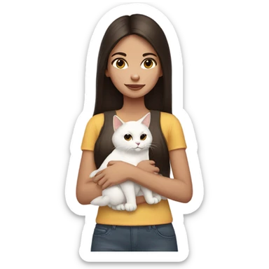 Dark brown straight hair girl holding two white fluffy cat  sticker