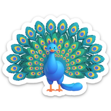 silly peacock with a cat, peacock fanning feathers over cat sticker