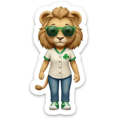 confident anthropomorphised female lion wearing baseball shirt and jeans with shamrock and green accents, dark sunglasses, walking upright, looking self-assured sticker