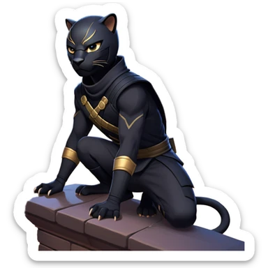 clash-of-clans-aesthetic_-cinematic-mysterious-male-ninja-portrait-emoji, rendered in a flat, vector-style with minimal shading and bold, simplified shapes, with a head slightly turned revealing intense, focused eyes, perched atop a sleek, agile panther with glossy fur moving silently through shadowed urban rooftops and moonlit alleyways. sticker