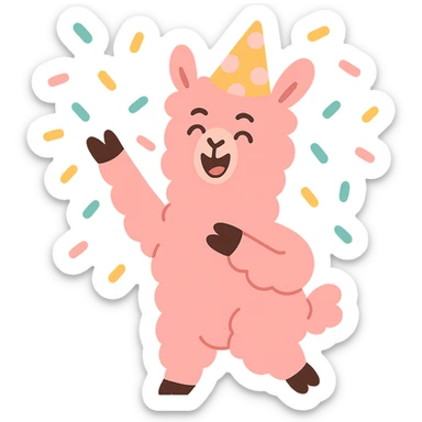 pink alpaca wearing a polka-dot party hat, throwing confetti, pastel-toon style sticker