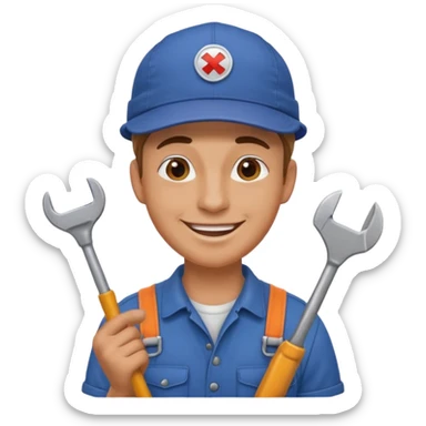 face emoji of a mechanic cheerful with a tool in hand and a patch on the cap sticker
