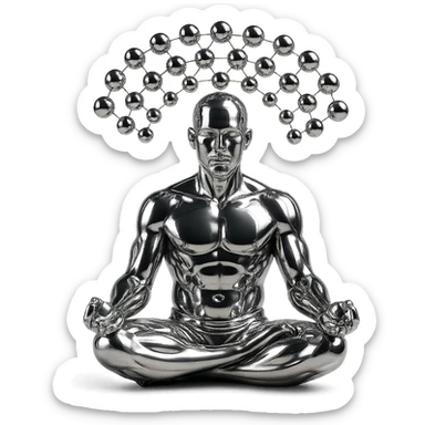 reflective chrome silhouette of a man in the lotus position, meditating, with a pattern of floating metallic spheres above, arranged like a net sticker