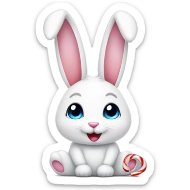 white bunny holding a candy cane sticker