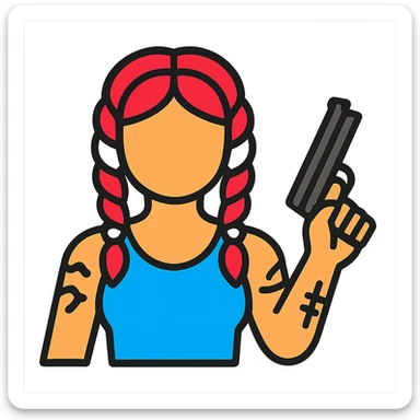 A character with red and white braided hair, tattoos on her arms, holding a gun sticker