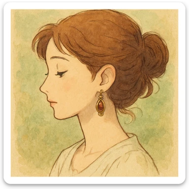 artistic and delicate ghibli style illustration of a woman in profile wearing earrings sticker
