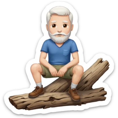 A white haired man with a beard sitting on a piece of wood wearing shorts sticker