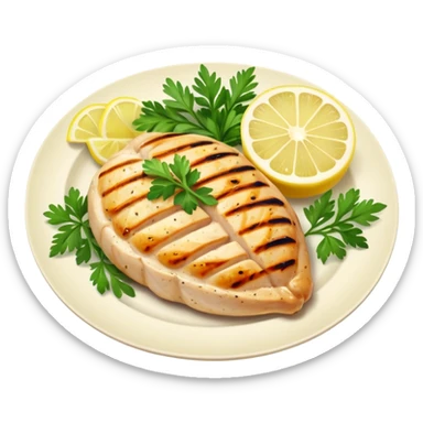Draw a grilled chicken breast on a plate with herbs & lemon slices. sticker