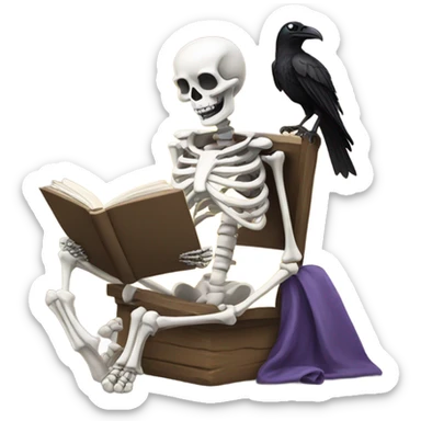 Skeleton reading while sitting with bow on their head and a raven sticker