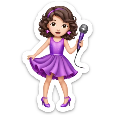 Cute Little brunette girl with curled hair singing into a microphone and dancing while wearing pink and purple and sparkles and high heel shoes sticker