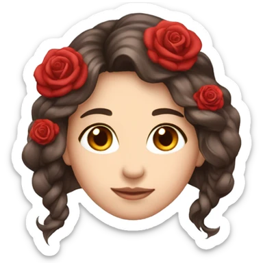 Beautiful, rose, red, flowers in hair, long dark brown hair, white fair skin sticker