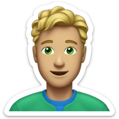 a man, green eyes, blue sweatshirt, green rubies on his head, waves hello sticker