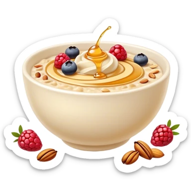 Cinematic creamy oatmeal, smooth texture with a swirl of honey on top, garnished with fresh berries and nuts, warm and comforting, cozy golden tones, rich and delicious. sticker