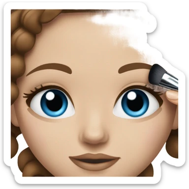 White girl blue eyes brown hair doing her makeup By makeup kit sticker