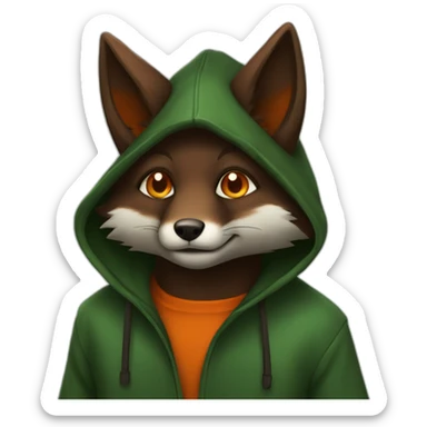 a small dark brown fox with orange eyes with a dark green hood sticker