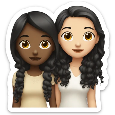 Two girls kissing. One is white with long black straight hair. One is white with short brown curly hair.  sticker