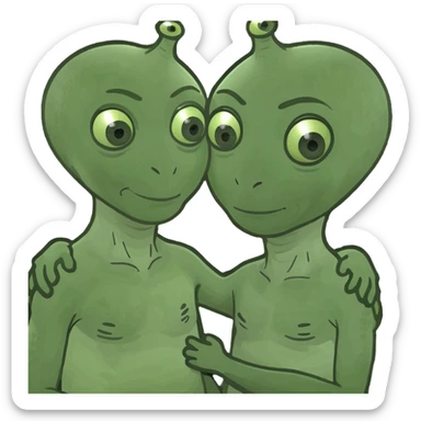 two aliens, a small one and a large one, are standing in an embrace sticker