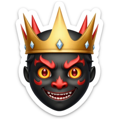 a black, shining crown with a devil face sticker