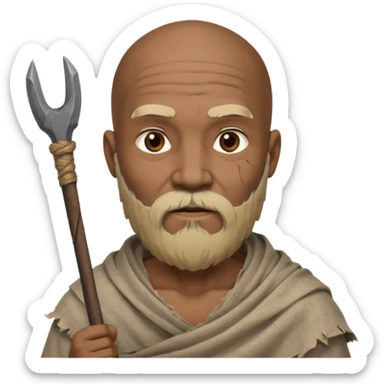 black ancient man, tattered cloth with raw stick weapon, beard and bold sticker