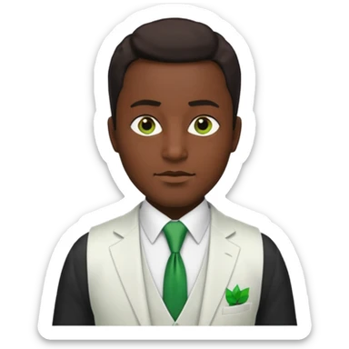 businessman, black skin, brown eyes, white suit vest, green tie sticker