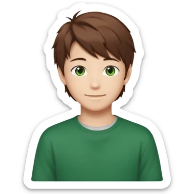 the face of an Anime asian style teen boy with brown hair, green eyes, looking smiling slightly sideways positioned. Face must be main filling of the emoji.  128px sticker