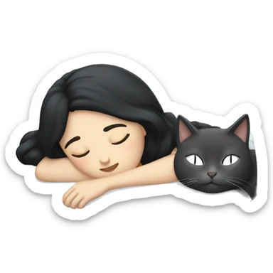 white girl with black hair sleeping with a gray cat sticker